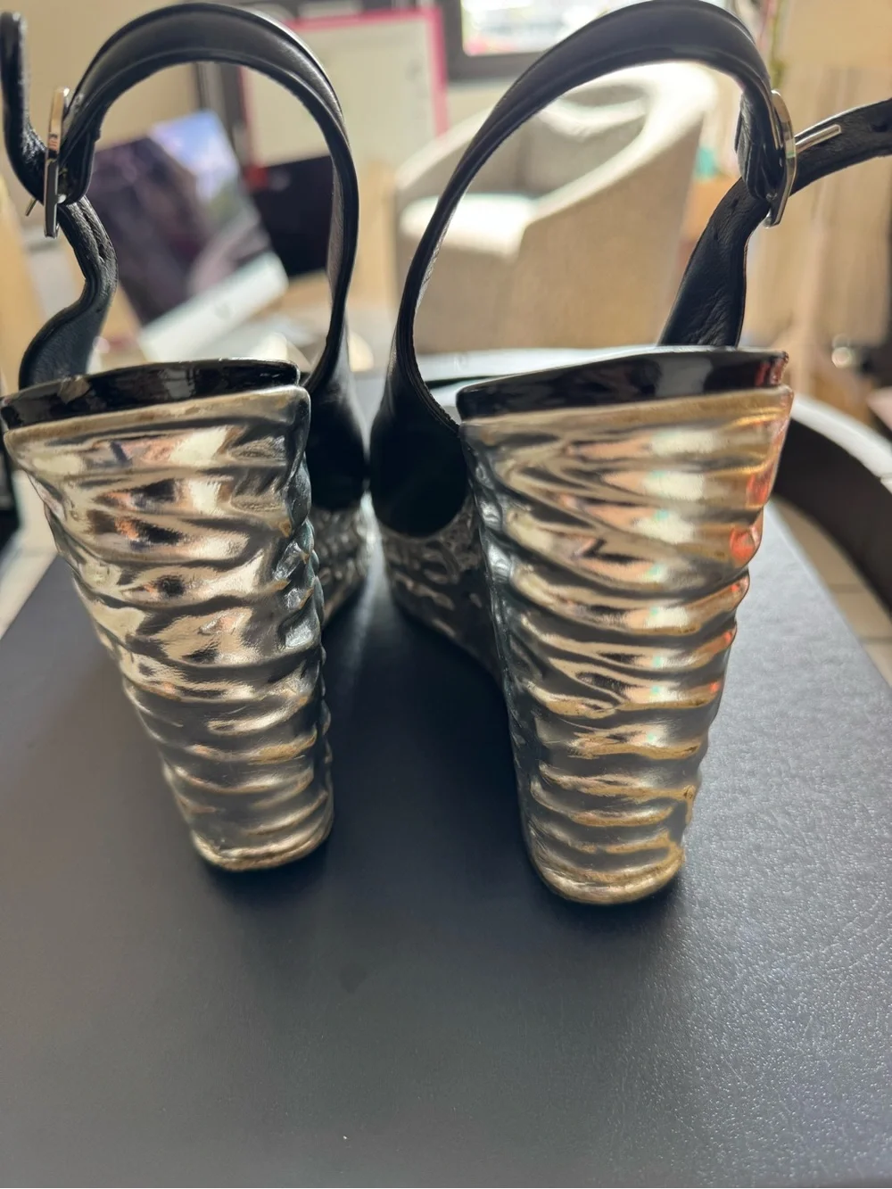 CHANEL Black Leather Peep-Toe Slingback Platforms with Metallic Silver Platform